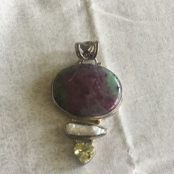 SS Ruby Zoisite, Biwa Pearl, Lemon Quartz Pendant - Picture 4 of 8
